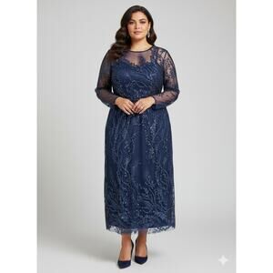 Mac Duggal Navy Blue Evening Dress Size 20W Sheer Sequin Gown Formal Plus Size